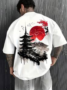 [Sporty T-Shirt]Men'S Japanese-Inspired T-Shirt - Loose Fit Casual Shirt - Mount  & Cherry Blossoms Graphic Tee With Pagoda - Japanese Landscape Design - Machine Washable For Everyday & Formal Outfits - Summer Top For Japan, Travel & Cultural EventsRelaxed Plus Size T-Shirt - 白色 - 查看 6
