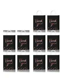 10pcs Thank-You Gift Bag, Rose Hot Stamping Dot Black Kraft Paper Bag, Packaging Gift Bag, High-End Handbag Gift Bag, Suitable For Thanksgiving, Giving Gifts To Friends, Shopping Bags, Clothing Gift Packaging Bags, Holiday Gifts