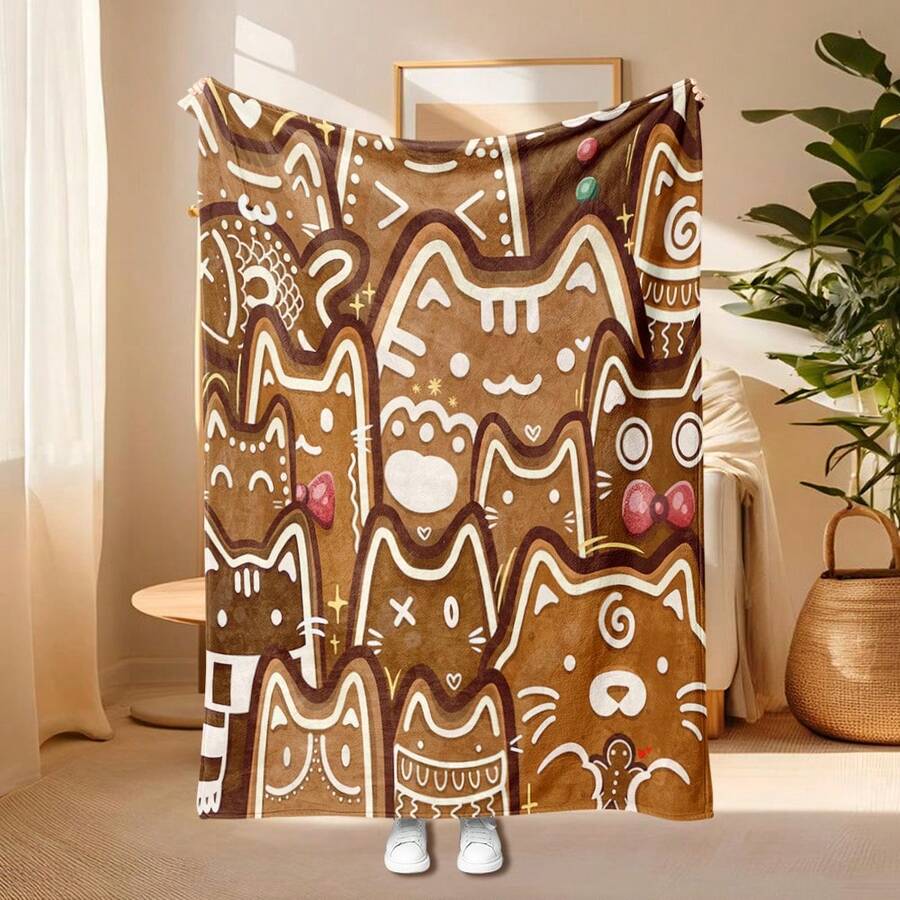 1 Stück Katzenmotiv Lebkuchen bedruckte superweiches Fleece Decke, Damen Überwurf Decke, Flanell Material, Weihnachtsgeschenk für Familie und Freunde, warm und praktisch für Schlafzimmer, Wohnzimmer, Weihnachtsdekoration, Büronickerchen, Camping Picknick, braune Decke