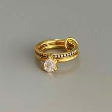 VKHK 1 قطعة خاتم دائرتين مزين بالزركونيا، مطلي بالذهب الأصفر عيار 18 قيراط من الفولاذ المقاوم للصدأ، مناسب للاستخدام اليومي والزفاف للنساء، هدية - متعدد الألوان - مشاهدة 13