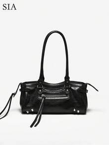 1 Túi đeo vai da nhiều ngăn phong cách xe máy Y2K cổ điển dành cho nữ, dung tích lớn, thích hợp đi dạo phố, hẹn hò, tiệc tùng - màu đen - Xem 1