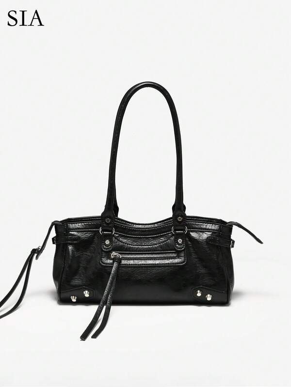 1pc Women's Retro Y2K Motorcycle Multi-Pocket Leather Large Capacity Shoulder Messenger Bag, Suitable For Street, Date, Party