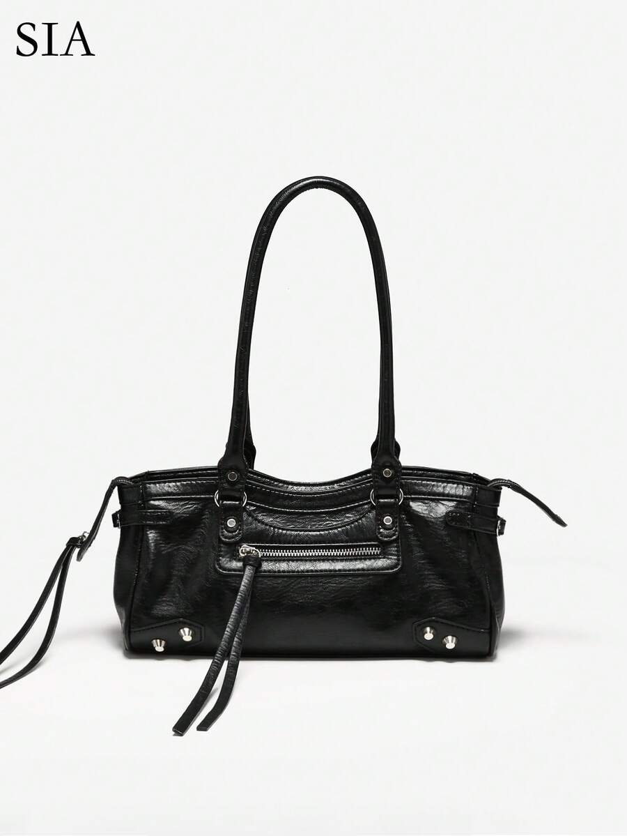 1 Túi đeo vai da nhiều ngăn phong cách xe máy Y2K cổ điển dành cho nữ, dung tích lớn, thích hợp đi dạo phố, hẹn hò, tiệc tùng - màu đen - Xem 1