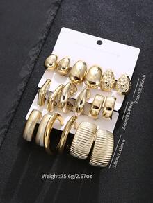18-6pcs Punk CCB Water Drop Dangle Earrings, Asymmetrical Print C-Shape & Twisted Hoop Earrings Set, Exquisite Daily Wear Holiday Gift - Gold - View 6