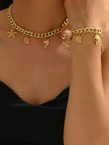 1 Set de 2 buc Colier și Brățară în Stil Oceanic cu Delfin, Scoică și Perle Artificiale, Set de Colier și Brățară cu Lanț Metalic Personalizat la Modă cu Pandantive cu Stea de Mare, Scoică și Delfin, Potrivit pentru Ținute de Zi cu Zi, Petreceri și Evenimente pentru Femei