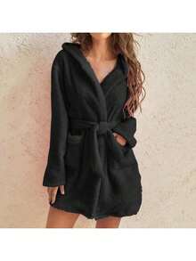 2025 New Arrival Hot Selling European & American Imported Autumn/Winter Hooded Plush Sleepwear, Solid Color Warm Bathrobe For Women - Multicolor - View 10