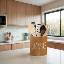 Wooden Utensil Holder For Kitchen Counter - Multipurpose Cooking Utensil Canister - Kitchen Decor And Accessory Storage - Cutlery Organizer Box, Brown, Kitchen Utensil Storage | Decorative Kitchen Supplies | Wooden Utensil Rack - Brown - View 2