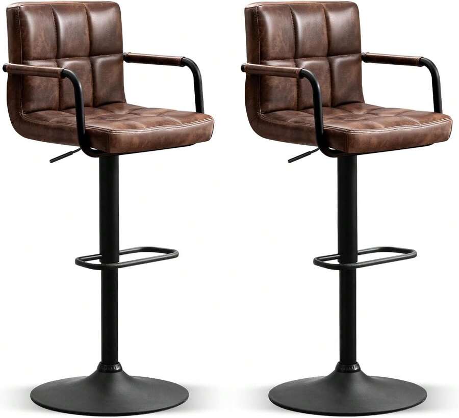 Bar Stools Set Of 2 With Back, Modern Square PU Leather Kitchen Stools With Armrest, Adjustable Counter Height Barstools For Kitchen Bar Pub Cafe (Darkbrown),24313696 - 棕色 - 查看 1