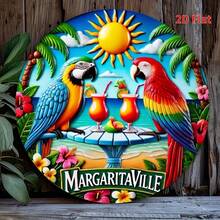 2D Printed - 1pc, Round Metal Plaque, Round Metal Plaque With Parrot Holiday Theme - Vintage Coastal Home And Kitchen Wall Art, Perfect For Cafe, Patio Or Backyard Decor, Pre-Drilled Holes, Style As Shown In Size Chart.