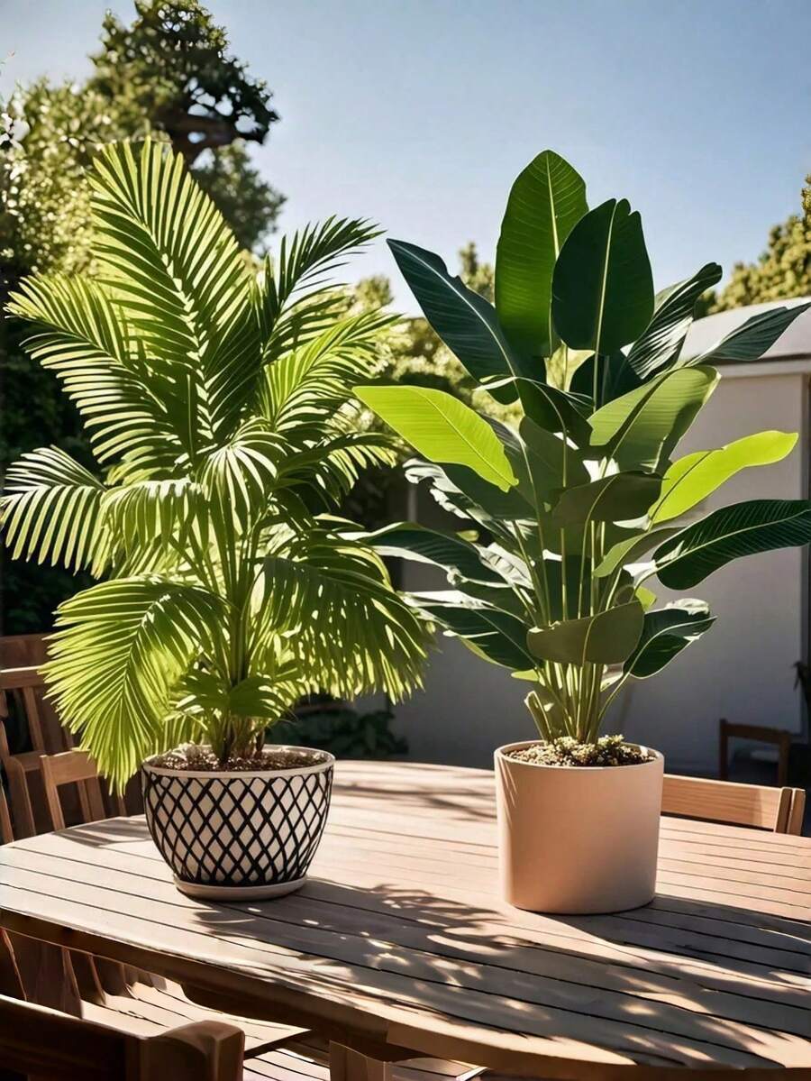 两件套 37 英寸超大仿真棕榈树和香蕉树 - 高品质逼真叶片，翠绿热带植物，适用于豪华住宅、办公室、酒店、花园、庭院和节日装饰；多功能室内外展示；落地式仿真棕榈树（不含花盆） - 彩色 - 查看 1