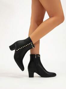 女士时尚粗跟靴，百搭拉链开合优雅尖头性感派对踝靴，秋季 - 黑色 - 查看 7