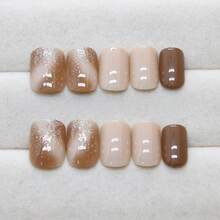 Brown Gradient Glitter Short European Square Nail Art, Elegant, Fashionable, Girlish, And Gentle. 24 Removable Nail Tips. - 1 - Xem 3