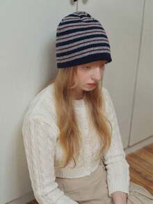 1pc Knitted Hat, Warm Beanie, Autumn/Winter, Korean Designer, Fashionable Knitted Hat, Unisex - Navy Blue - View 1