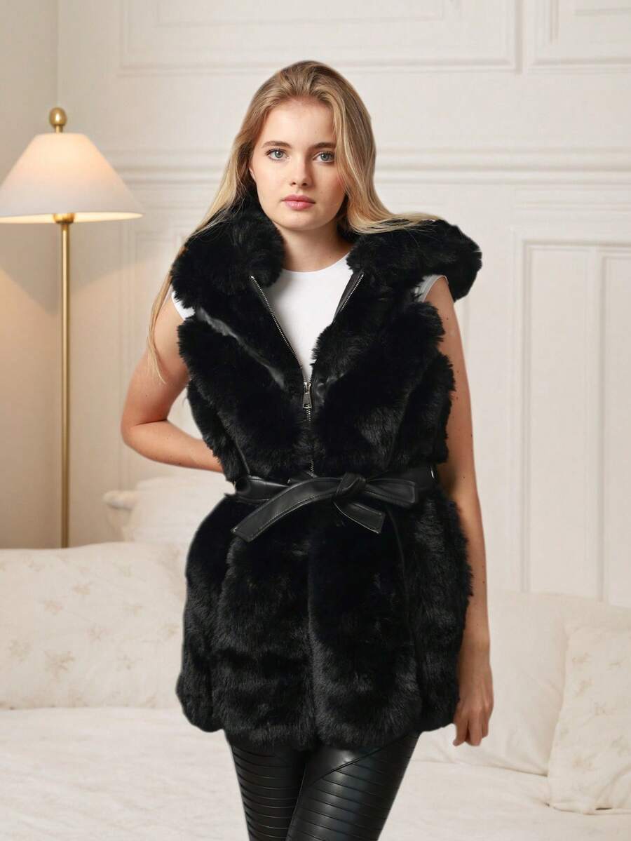 Gilet en fausse fourrure noire pour femme avec ceinture – Élégant et chaud, vêtement d'hiver de luxe sans manches - Noir - Voir 1