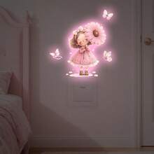 BRUP 1pc Removable Vinyl Wall Sticker, Cute Pink Girl, Flower & Butterfly Pattern, Glow-In-The-Dark, Decorative Wall Decor For Kids Room - Multicolor - View 2