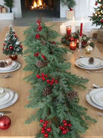 1pc 70.86 Inch Artificial Norfolk Pine Christmas Wreath - Lifelike Cedar And Cypress Vine Garlandpped With Red Berries And Simulated Pine Cones, Durable Plastic Indoor/Outdoor Christmas Home Decoration, Suitable For Christmas Trees, Stairs, Porch, Fireplace, Dining Table Center, Holiday Party Decoration, No Electricity Required, Easy To Hang