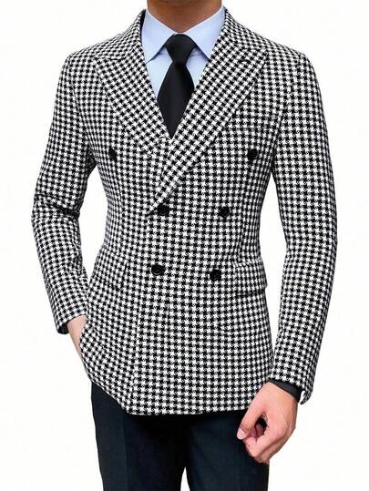 I FineLong Men's Winter Jacket, Fashionable Casual Houndstooth Pattern Suit Jacket, Suitable For Commuting And Outdoor Wear