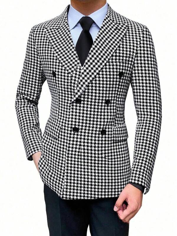 I FineLong Fashionable Casual Houndstooth Patterned Suit Jacket For Men, Suitable For Commuting And Going Out