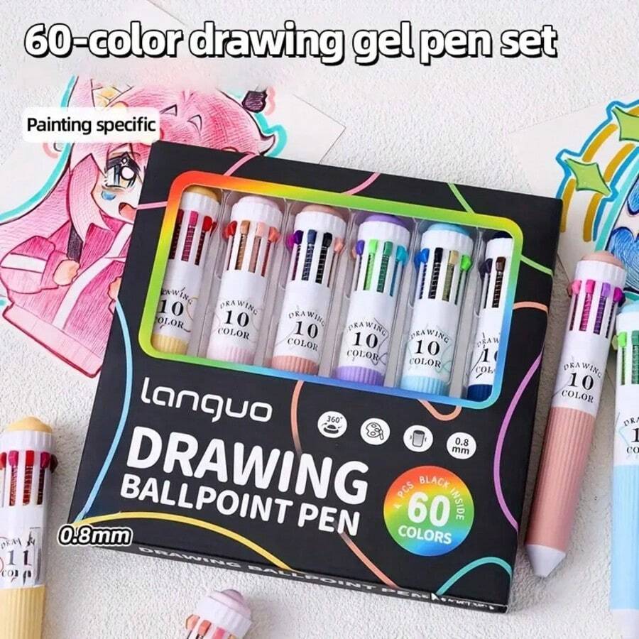 6pcs Fine Tip Pens, 60 Vibrant Colors To Meet Painting Needs, Suitable For Highlighting And Coloring In Notebooks And Journals, Stackable School Stationery Set, Back To School Essential, Notebook And Record Accessories, Diary Writing Supplies, School Art Supplies, Stackable Stationery, Fine Tip Design, Color Coding System, Premium Pigments, Smudge-Proof Formula, Students, Artists