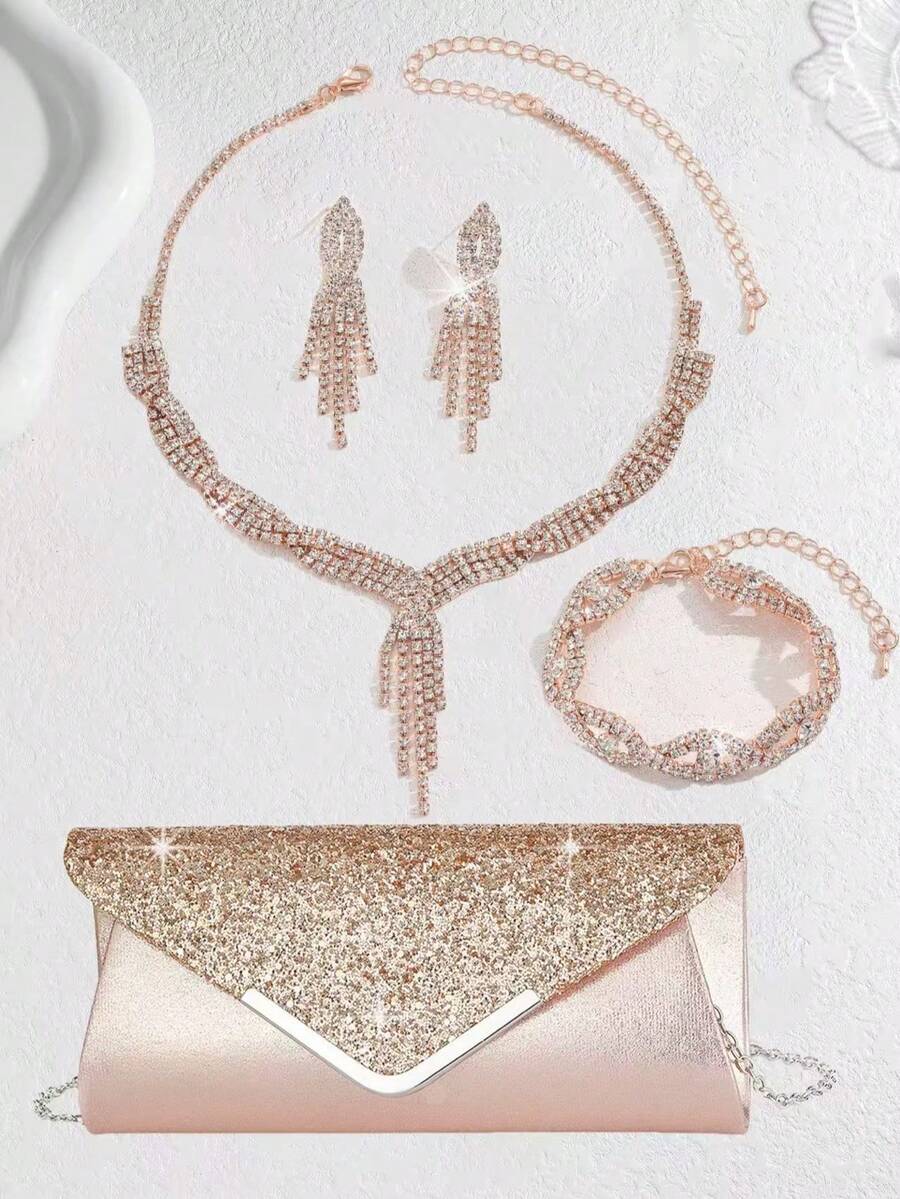 Bộ trang sức cưới 5 món: Dây chuyền vàng hồng lấp lánh đính đá Cubic Zirconia, 1 đôi bông tai, vòng tay + túi đeo vai. Túi xách dự tiệc nhỏ nhắn và thanh lịch dành cho nữ, túi hình vỏ sò cho cô dâu với dây đeo kim loại có thể tháo rời. Thích hợp làm túi đeo vai, túi xách tay, dùng cho đám cưới, tiệc tùng và các sự kiện. - Hoa hồng vàng - Xem 1