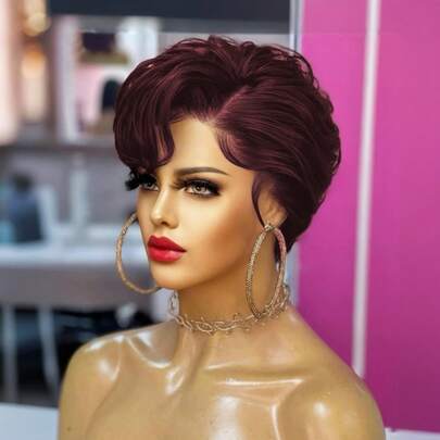 13x4x1T Lace Front Elf Short Wig, Human Hair, Women Short Wig, Lace Front Wig No Glue, Suitable For Valentine's Day, Daily Wear, Party, 99J Wine Red Wig, Side Bangs Elf Short Lace Wig