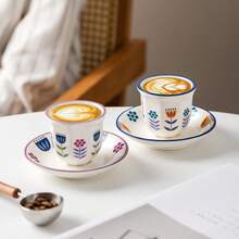 1 Bộ (Tách cà phê + Đĩa lót) Họa tiết hoa tulip, Dung tích 100ml, Phong cách Ả Rập truyền thống, Chất liệu gốm sứ, Thích hợp cho gia đình, quán cà phê, phòng chờ, tách cà phê espresso có quai - Nhiều màu - Xem 6