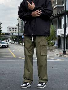 Men's Black Khaki And Beige Skater Cargo Pants With Elastic Waistband - 軍綠色 - 查看 2