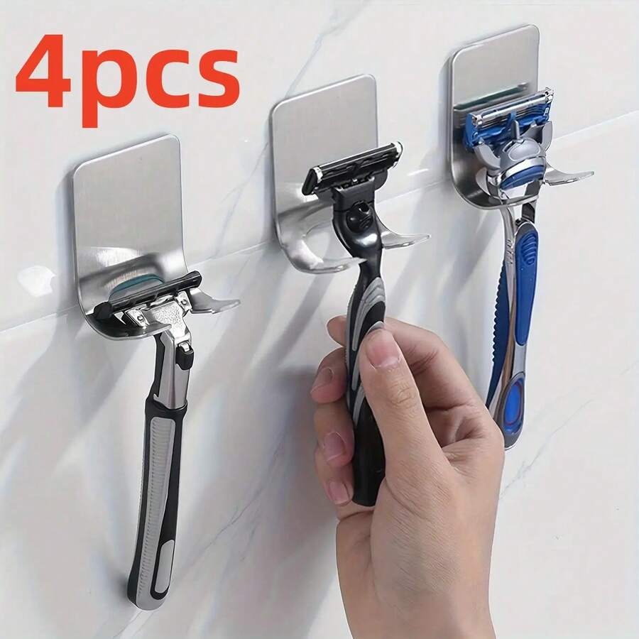 [4 Stainless Steel Holders] Set Of 4 Stainless Steel Holders Shaving Blades That Can Be Mounted On Wall Without Drilling.Storing Men's Razors, These Modern Wall Mounts Are Designed Bathroom Organization And Are Made From Durable Stainless Steel - Silvery - 查看 1