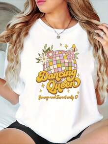 Women's Dance King Pattern Printed T-Shirt-Vintage Disco Ball With Floral Design With "& Sweet Only" Slogan, Short Sleeve Round Neck Casual Top, Machine Washable Loose Shirt For Spring And Summer - White - View 1
