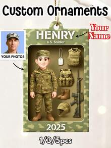 1/3/5pcs Customized Soldier Decoration 2025, Personalized Military Acrylic Memorabilia, Gift For Veterans, Men And Active Duty, Customizable Name And Photo, Christmas Tree Decor, Memento Or Deployment Gift, Christmas Decor, Thanksgiving Gift, New Year Gift, Party Decor, Christmas Gift For Girlfriend, Room Decor, Christmas Ornament, Women Car Accessories - Multicolor - View 2