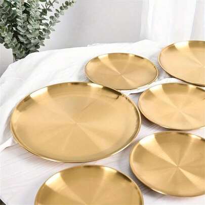 1pc Stainless Steel Gold Dessert Coffee Tray, Western Dish, Pizza Plate, Food Plate For Breakfast Coffee Tea, Gold Decorative Serving Tray, Birthday, Party Supplies For Thanksgiving, Easter, Christmas Gift Parties (Gold),Kitchen,Christmas Gift