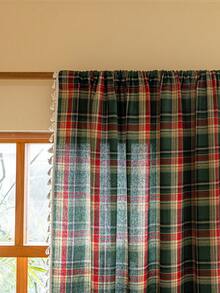 1 perdea în carouri verzi țesute în culorile Crăciunului, stil britanic vintage, țesătură periată, decor cu franjuri, lavabilă, buzunar pentru tijă, filtrare a luminii, separator de cameră, perdea scurtă de bucătărie, decor pentru casă, decor de Anul Nou, potrivită pentru dormitor, living, birou, sufragerie, balcon, petrecere de sărbători, decor de toamnă, decor de Anul Nou, decor de Crăciun, Crăciun fericit