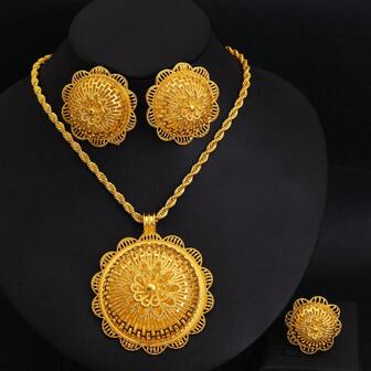 Conjunto de joyería floral hueca de color dorado - Collar, Aretes, Anillo, Regalo de joyería nupcial y de boda para mujeres