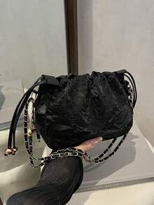 1 pièce Sac seau à cordon de serrage de couleur unie avec sangle à chaîne, sac à épaule mode pour femmes