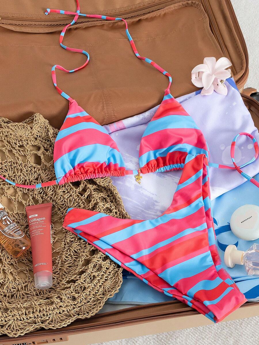 Bộ đồ bơi đi biển hở lưng in họa tiết sọc gợi cảm buộc dây phía trước - Nhiều màu - Xem 1