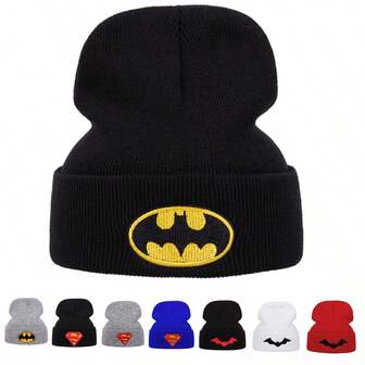 1顶华纳兄弟DC系列蝙蝠侠和超人3D刺绣针织帽，户外运动赛事，秋冬季保暖休闲百搭针织帽