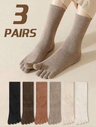 3 Pairs Women's Cotton Plain Color Comfortable Toe Separator Socks, 7A Anti-Bacterial, Odor Resistant, Moisture Wicking, Simple Fashion Athletic Mid-Calf Socks, Suitable For Spring/Summer, Fall