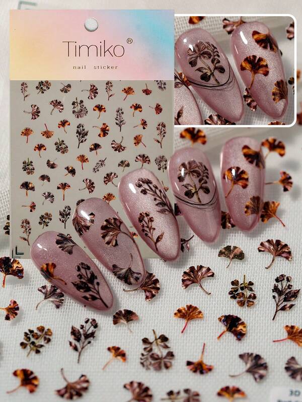 Ein vintage Nagelkunst Aufkleber mit Relief Laser Technologie, Herbst und Winter gefallene Blätter, und dunkle Ginkgo Blätter in verschiedenen Formen, geeignet für persönliches DIY und Nagelsalon Verwendung