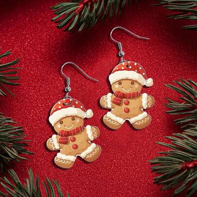 1 Pair Gingerbread Man Earrings With Cute Santa Hat Cartoon 2D Funny Design, Suitable For Christmas Wear