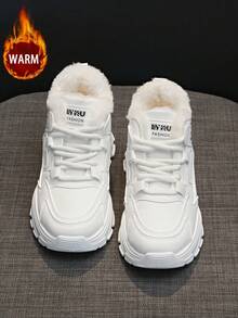 1 双女式休闲保暖厚底运动鞋，圆头系带户外冬季皮鞋