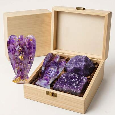 Set regalo in legno con cristalli - Grappolo di cristallo di ametista primitivo e gemme confezionato in una scatola di legno, per segni zodiacali, pietre di nascita e set astrologici, regalo perfetto per le donne, purificazione emotiva, equilibrio del campo magnetico, cristalli curativi
