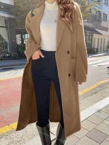 Women's Autumn Double Pocket Lapel Double Row Button Top Mid Length Jacket - Khaki - View 1