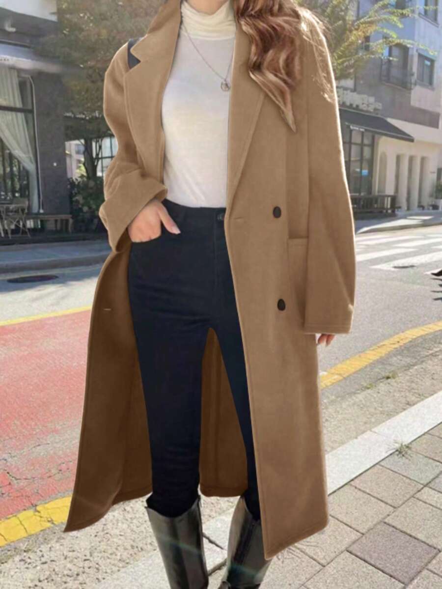 Women's Autumn Double Pocket Lapel Double Row Button Top Mid Length Jacket - Khaki - View 1