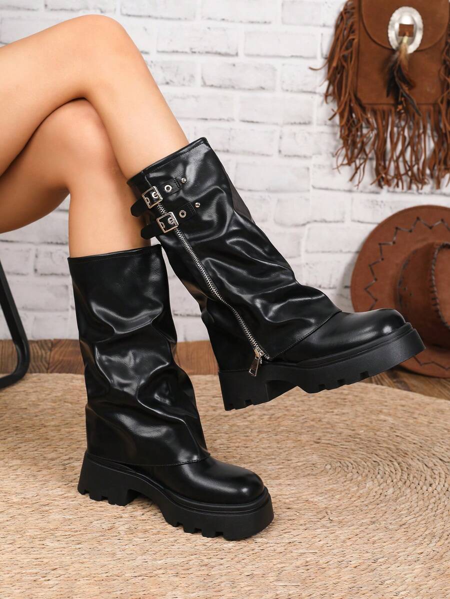 Women's Thick Sole Round Toe Black Zipper Fashion Mid-Calf Casual Boots - Black - View 1