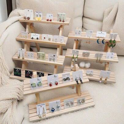 1pc Wooden Tiered Jewelry Display Stand, Perfume & Accessory Display Rack, Kindergarten Arts & Crafts Storage Shelf, Jewelry Display Prop, Desktop Organizer