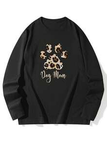 Women's Loose Fit Cotton Letter, Leopard Print, Dog Paw Graphic Long Sleeve T-Shirt, Versatile For Spring & Autumn - Black - View 3