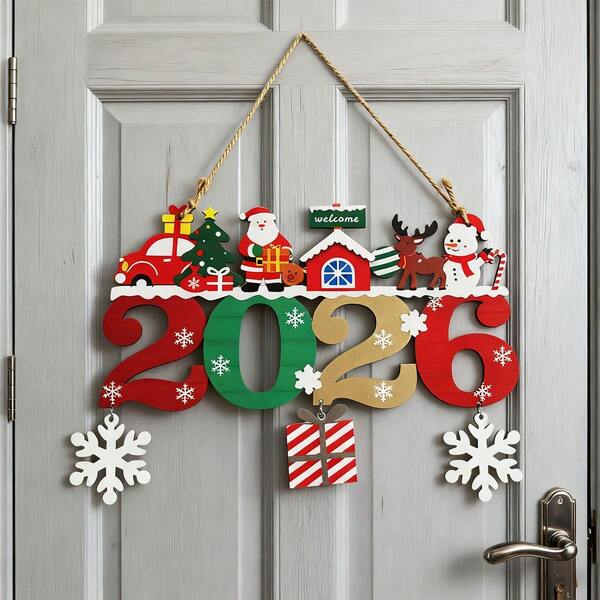 1 peça 2026 Placa de madeira decorativa para pendurar na porta de Ano Novo Papai Noel, boneco de neve e rena - Decoração festiva para casa adequada para presentes de Natal e Ano Novo