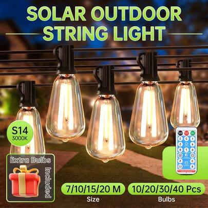 Guirlandes solaires d'extérieur avec ampoules blanc chaud, télécommande, options de 7m/10m/15m/20m/30m, ampoules incassables, étanches, convient pour patio extérieur, fête, camping, jardin, piscine, éclairage de balcon