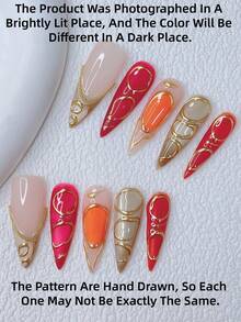 10 件 Y2K Nails 别致杏仁形按压指甲套装 - 手工制作，金色指甲，红色指甲，米色法式尖头指甲，闪亮米色猫眼，手绘 3D 金色图案设计，闪亮金色小钢球装饰 - 适合女士和女孩，派对，婚礼，日常穿着，DlY 美甲，指甲套装，包含工具包。哥特指甲。杏仁指甲。金色指甲。猫眼指甲。手工亚克力按压指甲杏仁。假指甲。美甲用品 - 彩色 - 查看 4