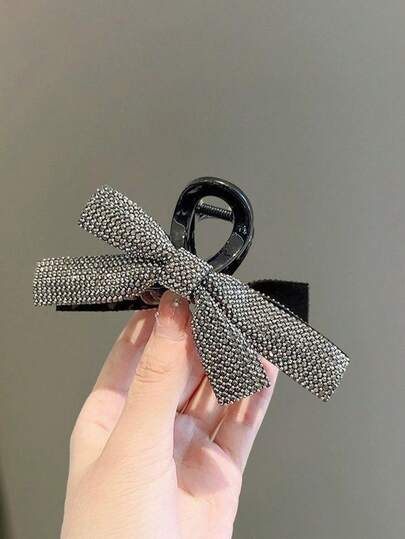 1pc Rhinestone Bow Decor Large Black Hair Claw Clip, Suitable For Daily, Commute, Party And Holiday Gift